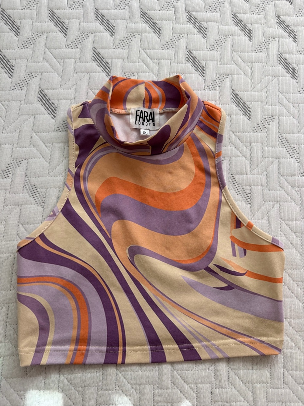 Farai London Cream Crop Top with Purple & Orange Swirl